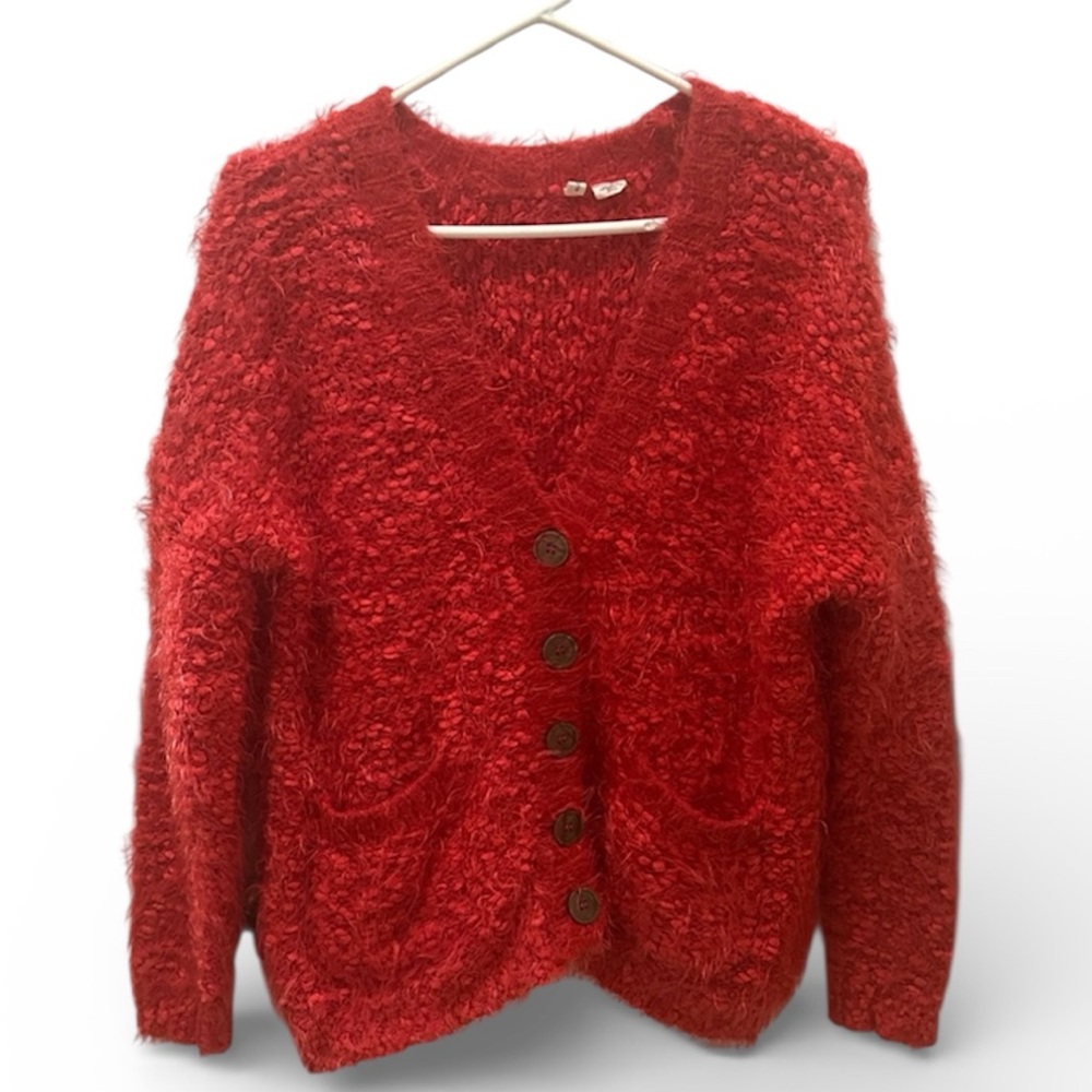 Anthropologie Moth sweater Red Emilie Wool blend Fuzzy Oversized button Size S